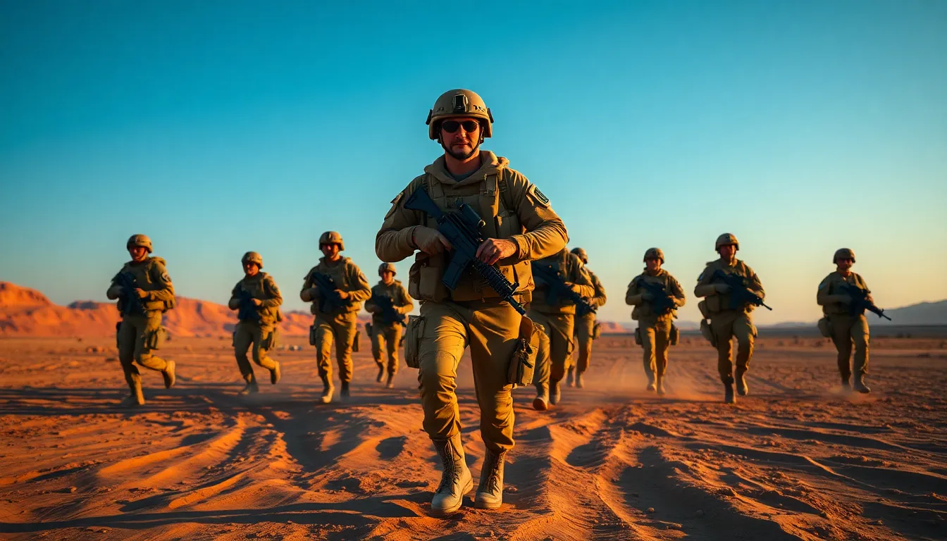 Soldiers Advancing Through Desert Landscape A unit of soldiers, fully equipped in combat gear, advances through a vast desert landscape during the captivating golden hour. The warm light casts an inspiring glow over the soldiers, contrasting beautifully against the cobalt sky. This image captures the essence of teamwork and determination as they navigate the challenging terrain. The thoughtful composition emphasizes the lead soldier, drawing the viewer's eye through the scene of resilience and bravery.