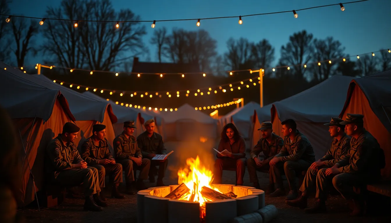 As dusk settles over a military camp, warm tungsten light bathes a group of soldiers gathered around a fire pit, sharing stories and laughter. Shallow depth of field creates an intimate atmosphere, with golden fairy lights glowing softly in the background. The Kodak Portra 400 color palette enhances the warmth of their camaraderie, while leading lines from the tents invite viewers to join in the moment.