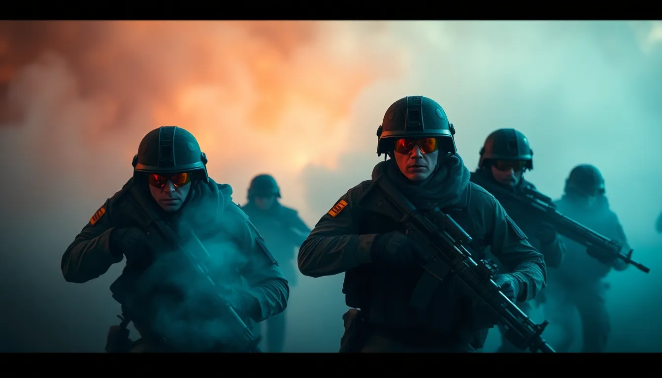 Soldiers Advancing Through Battlefield Smoke