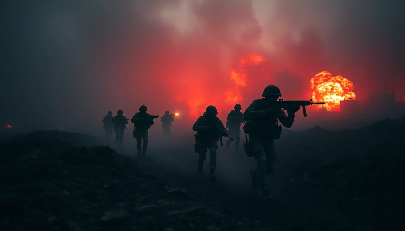 Soldiers Advancing in Battlefield Chaos