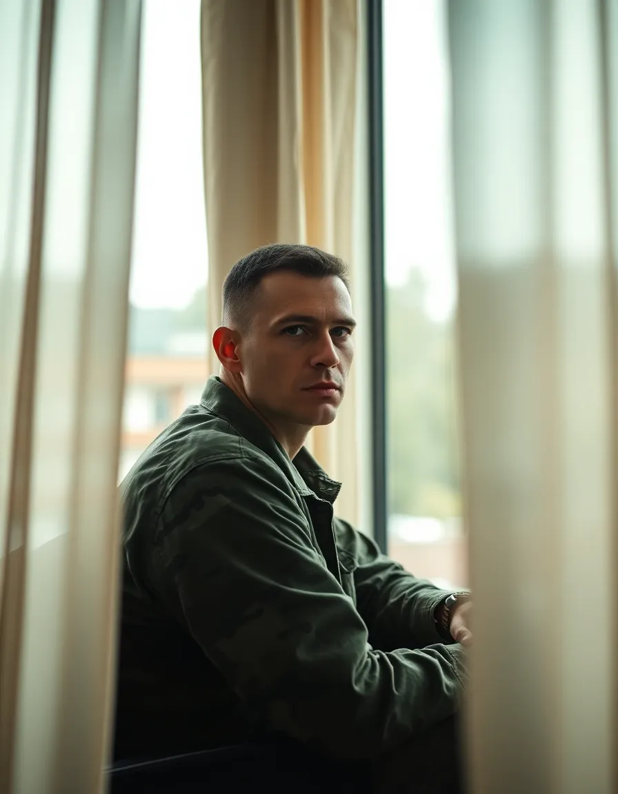 Contemplative Soldier by Window A soldier gazes contemplatively out of a window, framed by soft drapes that diffuse the overcast light entering the room. The subtle bokeh of the background enhances the intimacy of the moment, while the cinematic color grading adds emotional depth. His serious expression conveys a mix of nostalgia and determination, perfectly embodying the duality of a soldier's life.