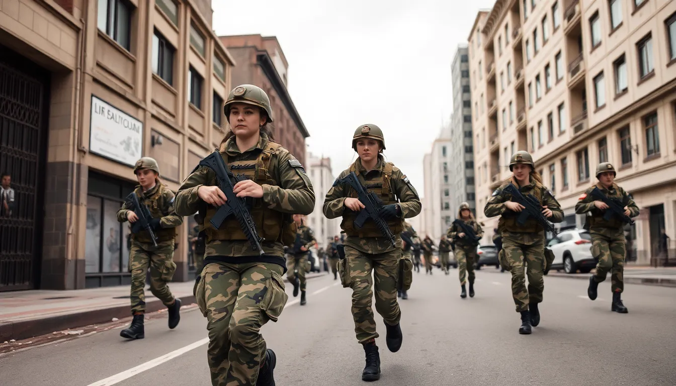 Female Soldiers Training in Urban Environment This dynamic image features a group of determined female soldiers engaged in a training exercise in an urban setting. The diffused daylight creates a soft, even glow, enhancing the mood of seriousness and focus. The natural muted tones reflect the gritty environment around them while keeping the soldiers vibrantly in focus. With leading lines guiding the viewer’s eye towards their purposeful movements, the composition encapsulates the discipline and strength of these women in uniform.