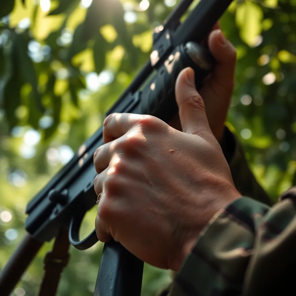 Close-Up of Soldier's Hand on Rifle