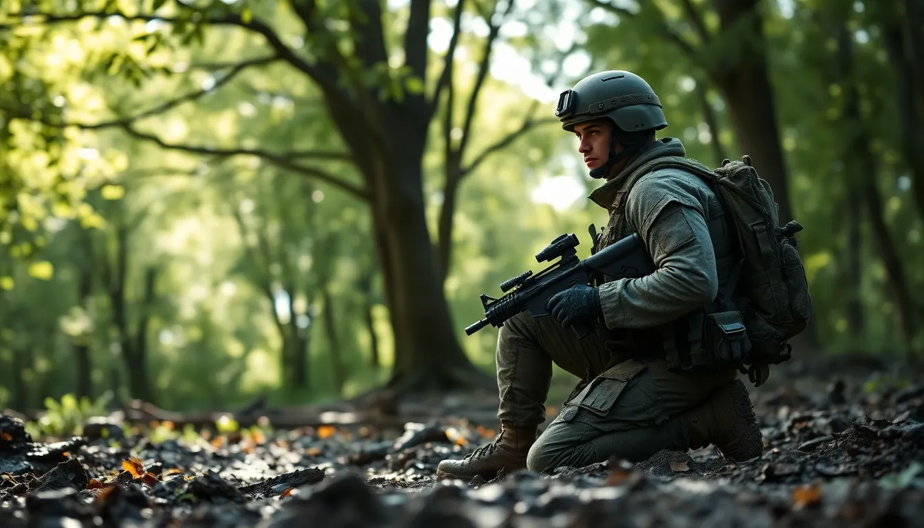 Soldier in Combat Gear in Forest