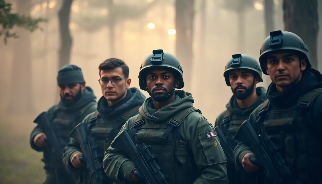 Diverse Soldiers in Forest at Dawn This powerful image portrays a diverse group of soldiers standing firmly together in a foggy forest at dawn. The soft morning light gently illuminates their tactical gear, highlighting intricate details and textures. The atmosphere is infused with a sense of camaraderie and determination, set against a backdrop of muted greens and browns that enhance the mood. The composition emphasizes unity through the soldiers' triangular arrangement, reinforcing their strength as a cohesive unit.