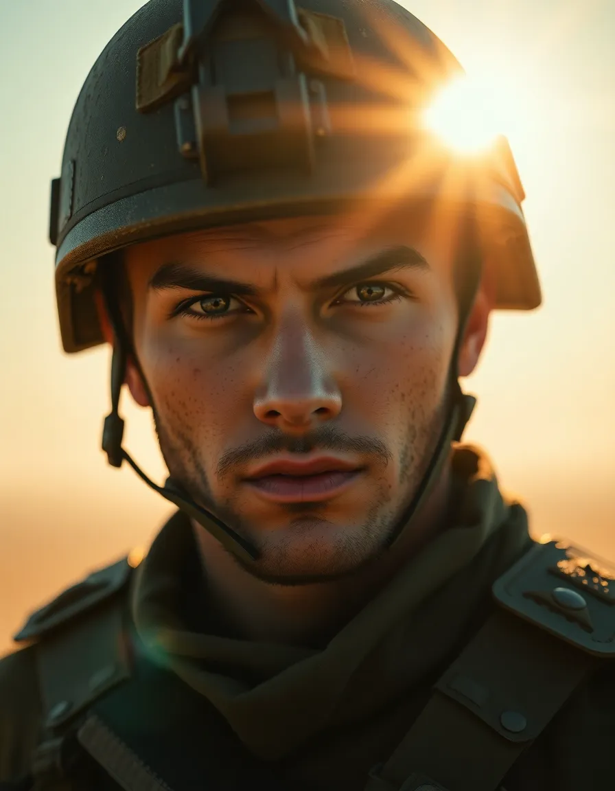 Close-Up Portrait of Soldier in Combat Gear This powerful close-up portrays a soldier wearing full combat gear, staring intensely into the distance. The setting sun casts dramatic shadows, highlighting the rugged texture of his helmet and gear. The contrast between the warm tones of his skin and the cool background adds a cinematic feel. This image encapsulates the dedication and focus of military personnel, ideal for conveying themes of strength and perseverance.