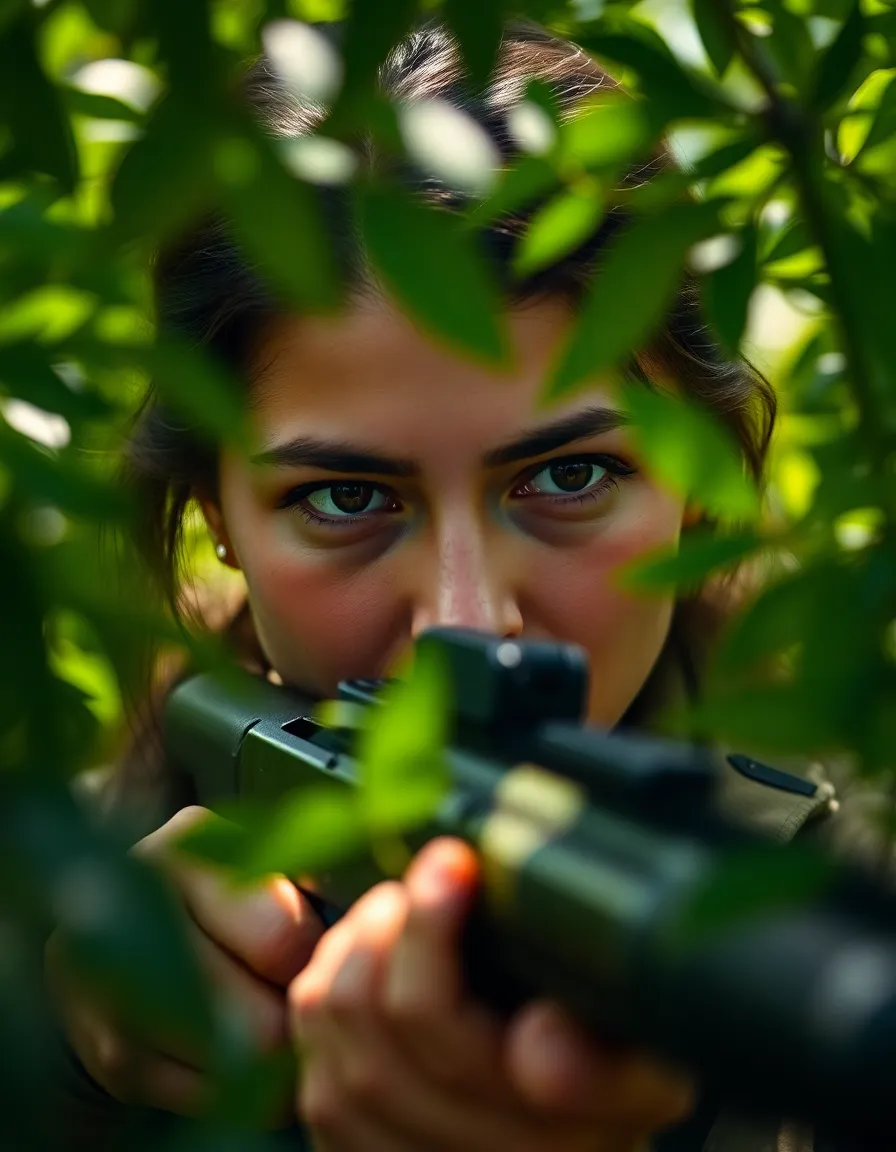 Female Soldier Aiming in Forest