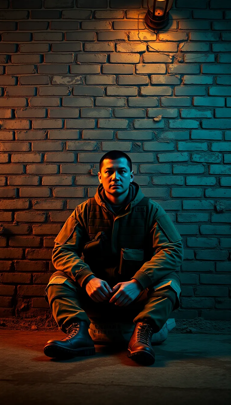 Lone Soldier in Urban Combat Setting In this striking image, a lone soldier in combat fatigues leans against a weathered brick wall in a gritty urban environment. The warm light from a street lamp accentuates the soldier's weary yet determined expression. The cinematic color grading enhances the dramatic atmosphere, creating a sense of tension and resilience. The textured brick wall adds depth to the scene, showcasing the harsh realities faced by military personnel.