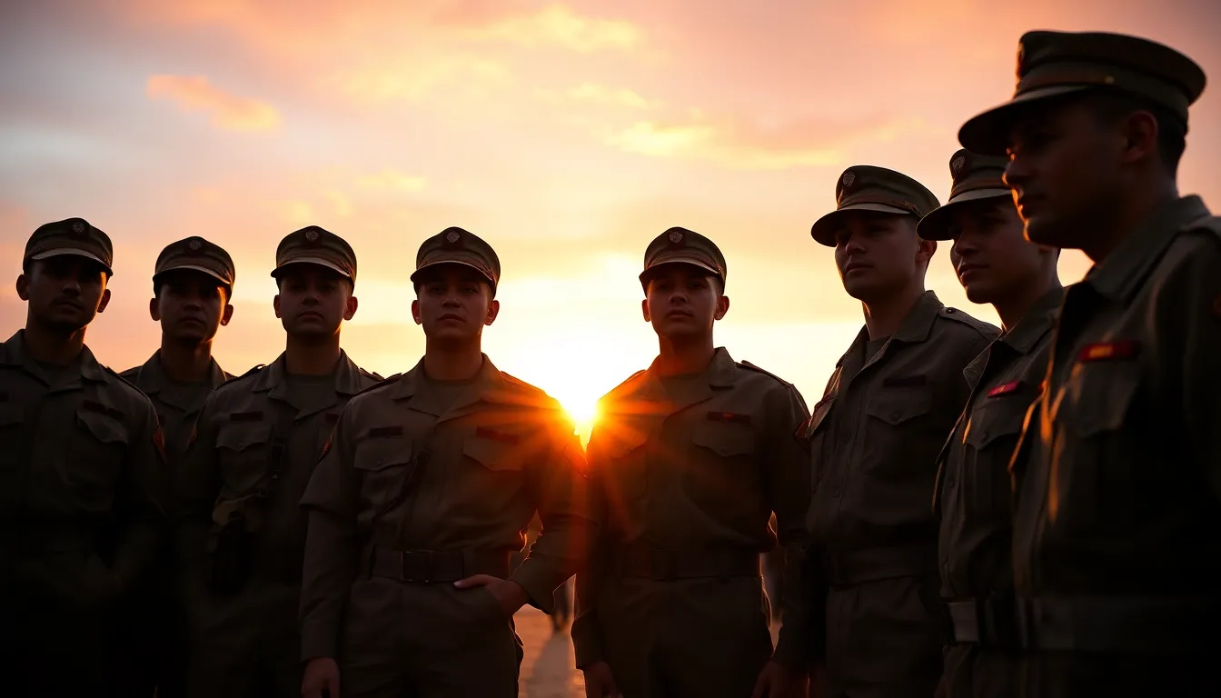 In a powerful moment of unity, a diverse group of soldiers is silhouetted against a stunning sunset. The golden hour backlighting creates a warm glow that highlights their profiles, showcasing the strength of camaraderie. The photograph captures the intricate details of their uniforms while preserving the overall serene and inspiring atmosphere of the scene. This image embodies themes of bravery and togetherness, perfect for military representation.