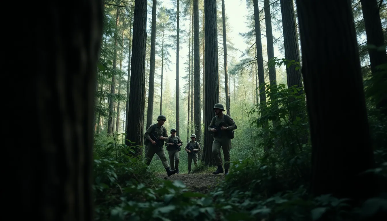 In a lush, dense forest, a small group of soldiers communicates in hushed tones, their focus on the mission ahead. Natural diffused daylight filters through the tall trees, creating a serene yet tense atmosphere. The natural muted tones evoke a sense of caution, while the sharp details highlight the soldiers' rugged uniforms and the textures of the forest. The symmetrical composition emphasizes their unity and purpose.