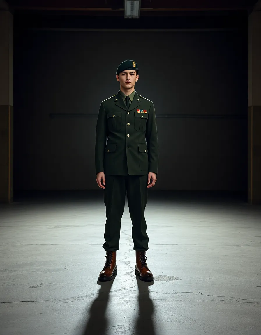 Soldier in Dress Uniform on Concrete Floor A soldier stands at attention, adorned in a pristine dress uniform, within a stark studio setting with a concrete floor. The warm lighting casts soft shadows, while the very details of the uniform contrast sharply against the rough concrete texture beneath. The polished boots gleam, visually reinforcing his discipline and pride, capturing a moment of solemnity and honor.