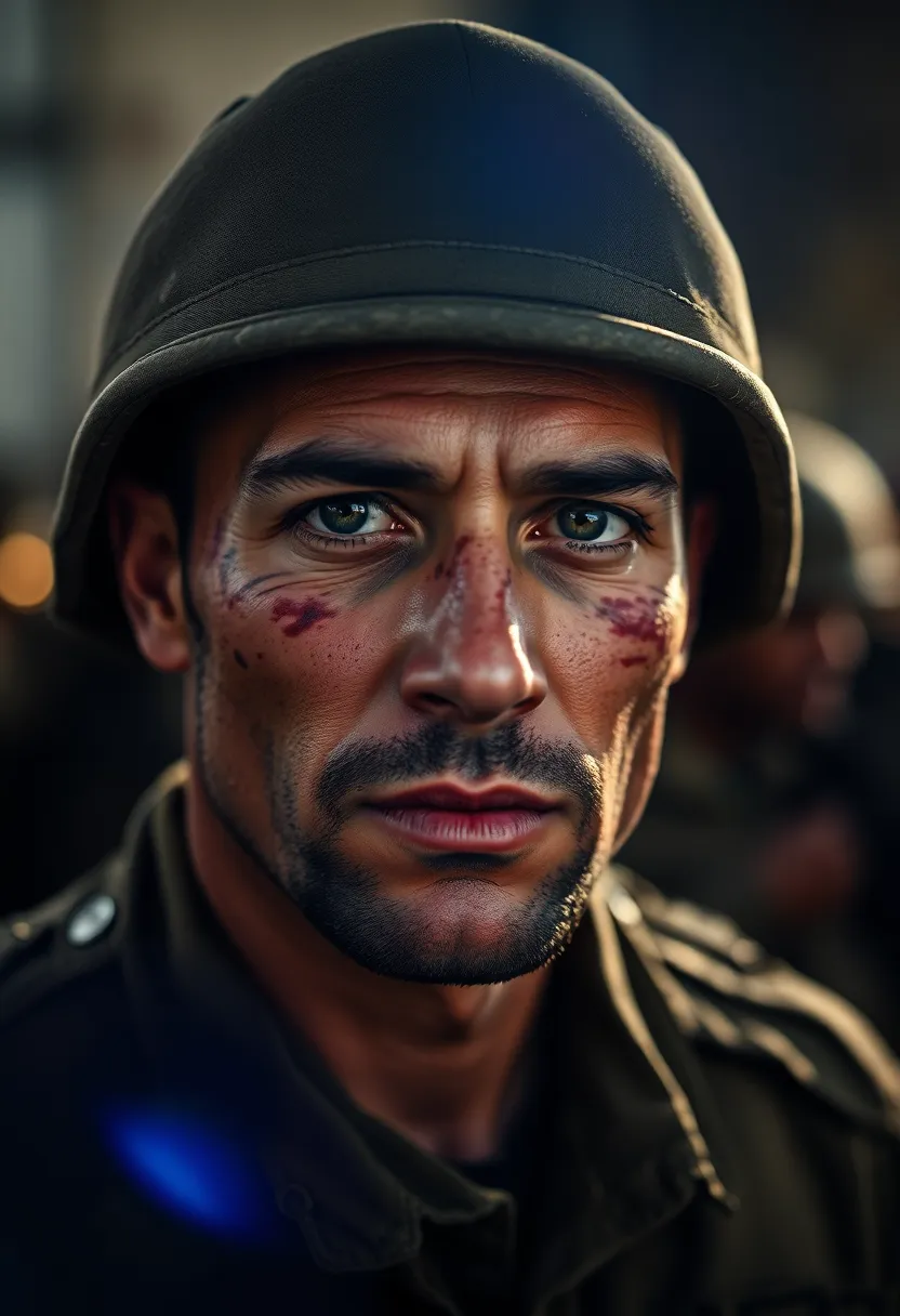 This powerful portrait captures a soldier with visible battle scars, reflecting their resilience and experience. Dramatic lighting highlights the soldier’s facial features, creating striking contrasts and shadows. With a shallow depth of field, the background fades, focusing entirely on the soldier’s expression. Rich earthy tones reinforce the emotional weight of the image, making it a compelling representation of military life.