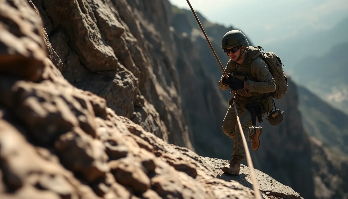Special Forces Soldier Rappelling Down Cliff