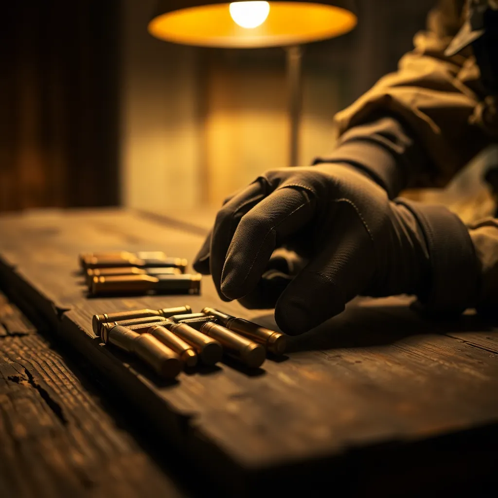 Close-up of Soldier Preparing Ammunition This close-up image intricately captures a soldier's gloved hand as it prepares ammunition on a rustic wooden table. The warm light from an overhead lamp adds a sense of intimacy, while the textures of the glove and ammunition are highlighted by a shallow depth of field. The rich color palette of deep browns and olive greens creates a warm, grounded mood. The composition effectively draws the viewer's eye to the focused action, making it a compelling depiction of military preparation.