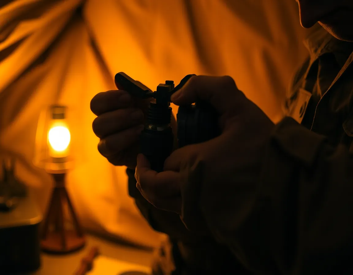 Soldier Assembling Military Equipment in Tent This intimate macro shot captures a soldier's hands as he carefully assembles military equipment inside a dimly lit tent. The warm glow from a tungsten light emphasizes the intricate details of the tools and the texture of his calloused hands. Soft focus in the background ensures all attention remains on the task, reflecting the dedication and precision required in military settings. The warm earthy tones create a sense of comfort amid the seriousness of the environment.