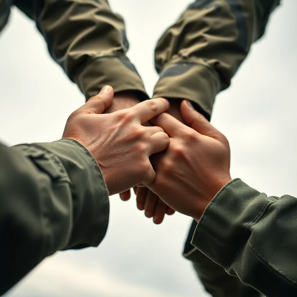 A close-up image showcases soldiers’ hands coming together in a powerful gesture of camaraderie. The soft lighting from an overcast sky beautifully highlights the texture of their skin and uniforms. A shallow depth of field draws attention to the unity expressed through their hands, while the natural muted tones emphasize the emotional connection of the moment. This photograph encapsulates the essence of military brotherhood.