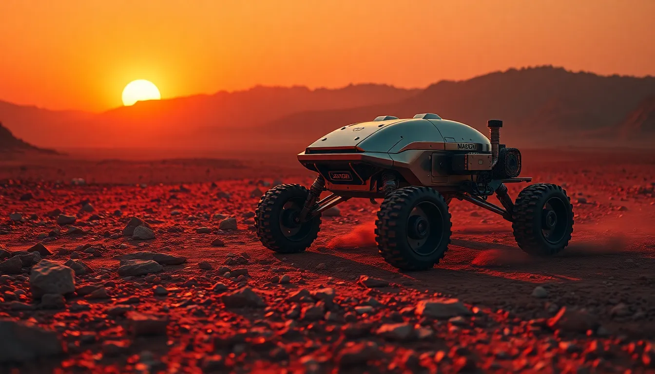 Mars Rover Adventuring in Dusk A striking capture of a futuristic Mars rover exploring the rugged Martian terrain at dusk, bathed in a warm orange glow. The setting sun highlights the textured landscape, enhancing the contrast between the rover and the rocky ground. With sharp focus throughout, this image emphasizes the intricate engineering of the rover against the backdrop of distant mountains. The overall mood is adventurous, reflecting humanity's quest to explore other worlds.