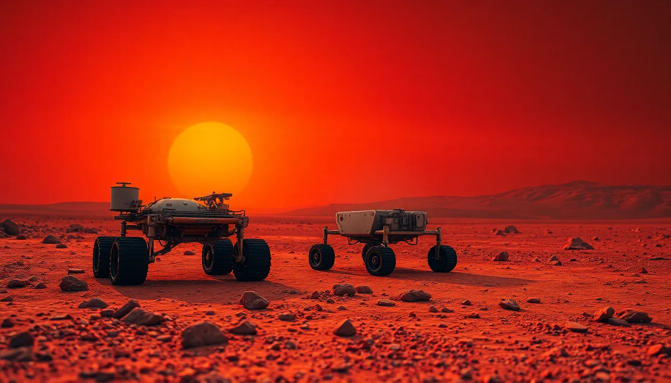 Exploring the Martian Landscape A breathtaking view of Mars at sunset, featuring the Curiosity Rover navigating the striking red landscape. The warm orange and red colors of the sky create a stunning contrast against the rugged terrain below, evoking a sense of exploration and discovery. This image captures the essence of Mars’ otherworldly beauty, showcasing the intricate details of the rover and the Martian soil. Perfect for an illustration of space exploration.
