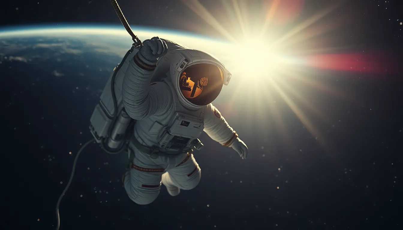 Astronaut Floating in Space This striking image features an astronaut suspended in the vastness of space, bathed in harsh sunlight that casts bold contrasts against their suit. The deep shadows and subtle textures of the suit's fabric and metal details add realism to the scene. The shallow depth of field draws focus to the astronaut while the distant stars fade into a dreamy blur. This composition evokes the loneliness and beauty of space exploration, making it ideal for educational and promotional purposes.