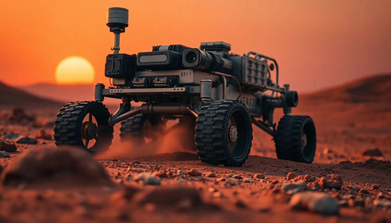 Rover Exploring Mars at Sunset An evocative image of a rover exploring the rocky Martian landscape during a breathtaking sunset. The warm hues of red and orange fill the sky, contrasting beautifully with the rugged terrain. The rover’s intricate details and metallic textures are highlighted by carefully controlled lighting, positioning it as the focal point of the composition. This dynamic scene showcases the spirit of exploration on the red planet, evoking curiosity about potential discoveries.