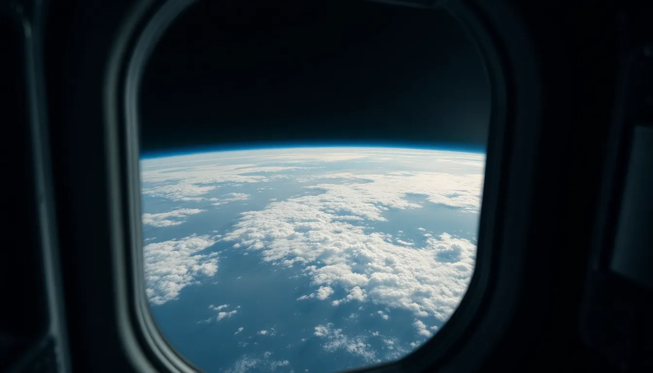 This captivating image showcases a view of Earth from the window of a spacecraft, highlighting the planet's vibrant blues and whites against the stark backdrop of space. The overcast daylight softens the details, creating a serene and contemplative mood. The sharp focus from the window frame to the distant Earth emphasizes the vastness of space and our fragile planet. The composition invites viewers to appreciate the beauty of Earth from afar, reminding us of the importance of our home.