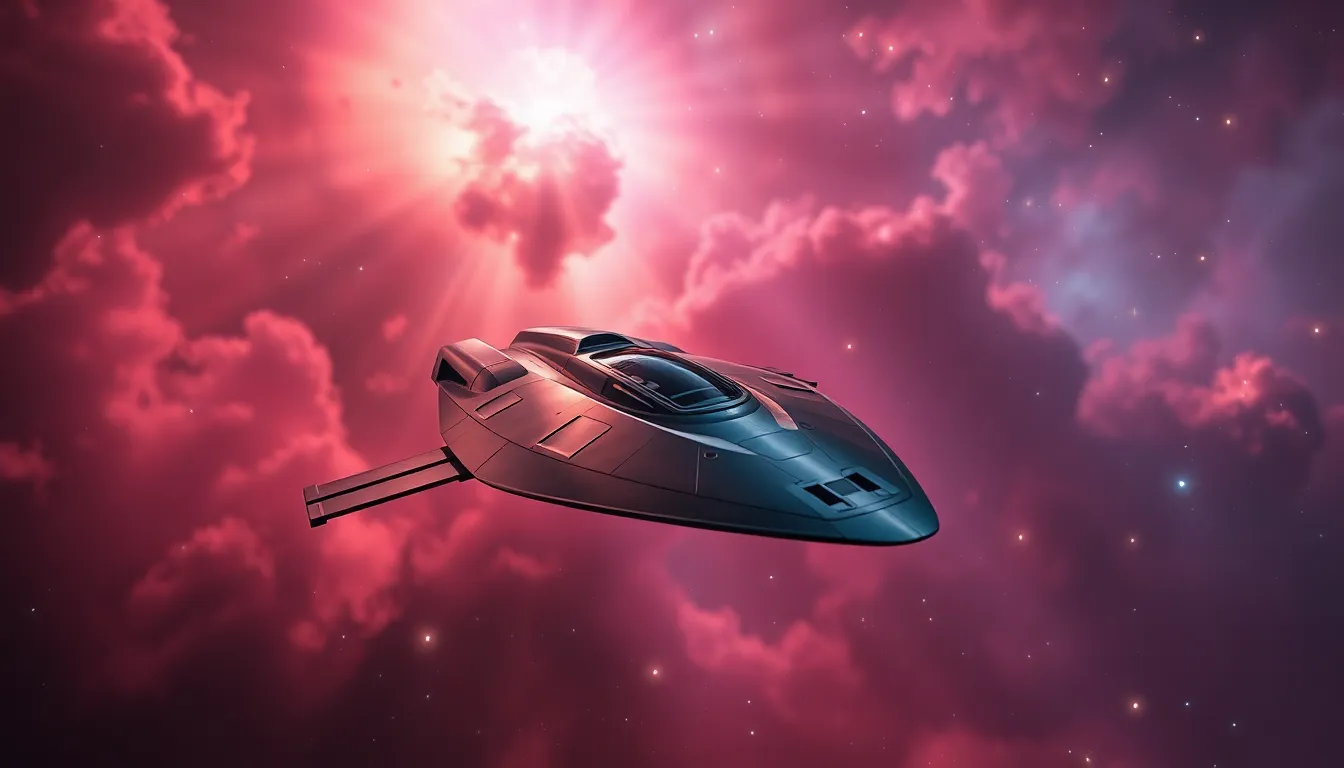 This striking image features a sleek spaceship navigating through a vibrant nebula, illuminated by ethereal pink, purple, and blue gas clouds. The depth of field emphasizes the ship while softly blurring the background stars, creating a dynamic sense of motion. The cinematic color grading enhances the cosmic mood, inviting viewers to explore the mysteries of space. Leading lines from the nebula draw the eye toward the ship, emphasizing its metallic surface and reflections from the surrounding cosmos.