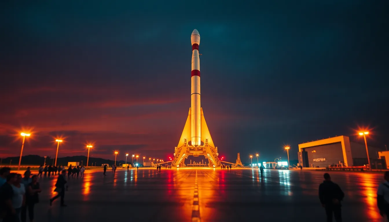 Rocket Launch at Dusk This striking image captures a rocket on the launch pad at dusk, ready to embark on its space journey. The contrasting colors of the sky create a dramatic backdrop, while reflections on the asphalt add depth. The shallow depth of field emphasizes the rocket, showcasing its intricate design. Perfect for storytelling about human innovation and the future of space travel, this composition highlights the excitement and tension of a launch.