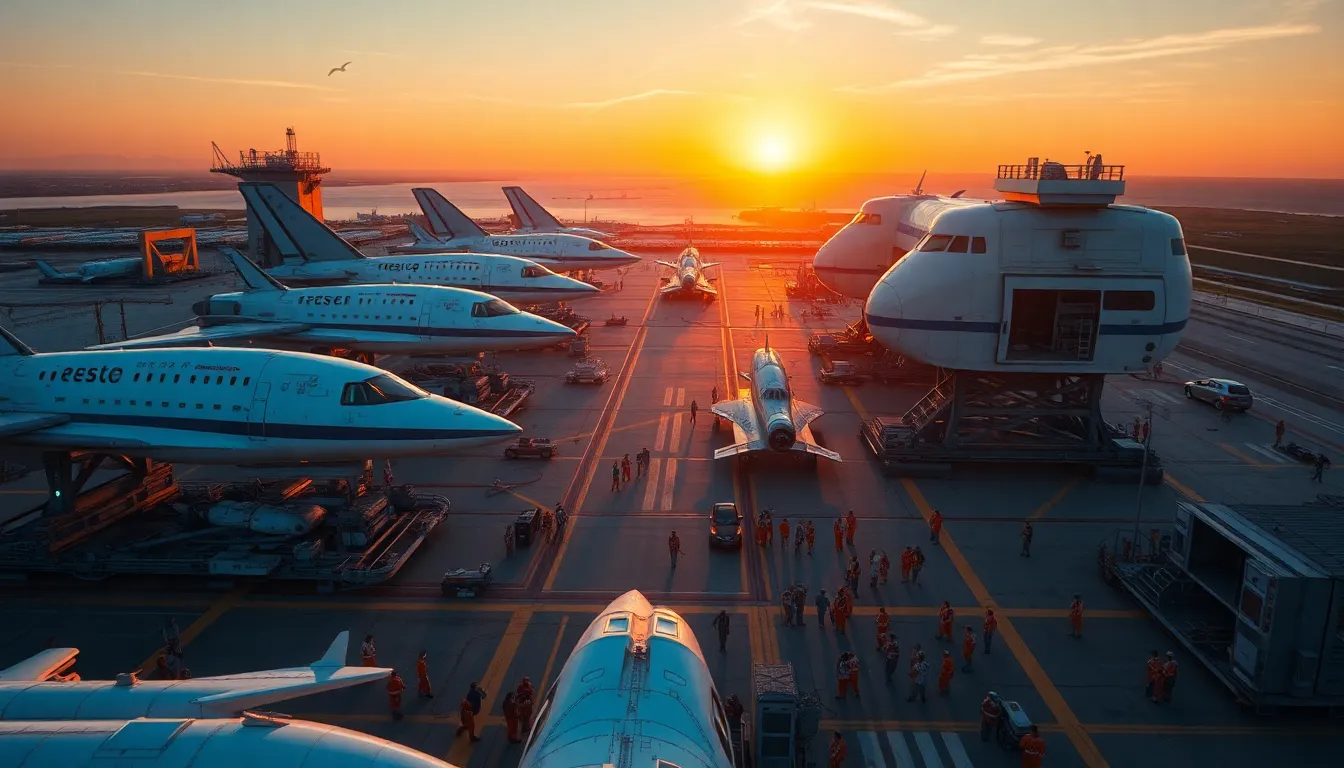 Aerial View of a Spaceport at Sunrise This stunning aerial image captures the vibrant activity at a spaceport during golden hour. The warm sunlight illuminates the spacecraft and the workers bustling about in their colorful uniforms. With everything in sharp focus, the details of the spaceport come alive, showcasing the intricacies of modern space exploration. This image embodies the spirit of innovation and teamwork as humanity pushes the boundaries of what’s possible in the cosmos.