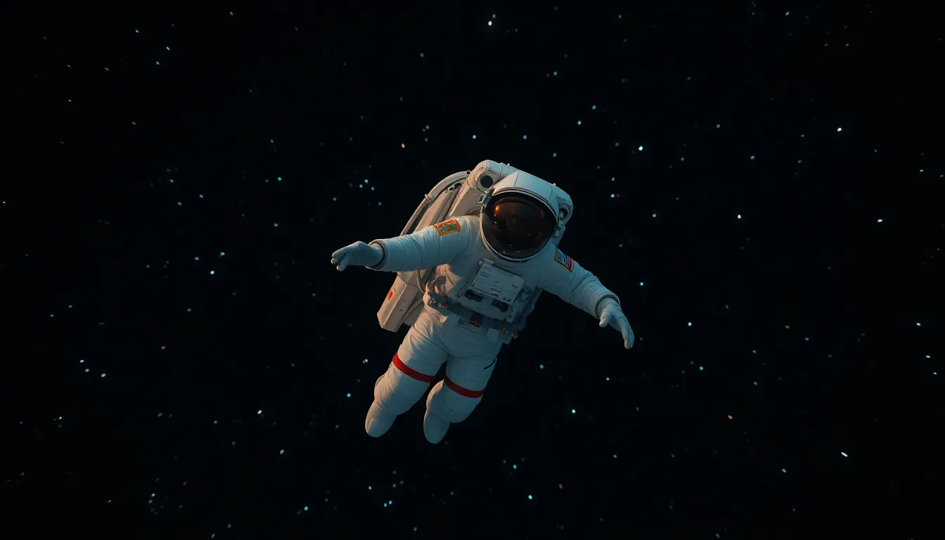 This stunning image depicts an astronaut gracefully floating in the dark expanse of space, surrounded by a sea of sparkling stars. The deep black backdrop contrasts with the astronaut’s brightly lit spacesuit, accentuating the isolation and beauty of space exploration. The composition draws the viewer’s eye toward the astronaut, evoking a sense of wonder and adventure. The subtle details of the suit's fabric and equipment come alive under the distant starlight, inviting contemplation of humanity's quest for knowledge.