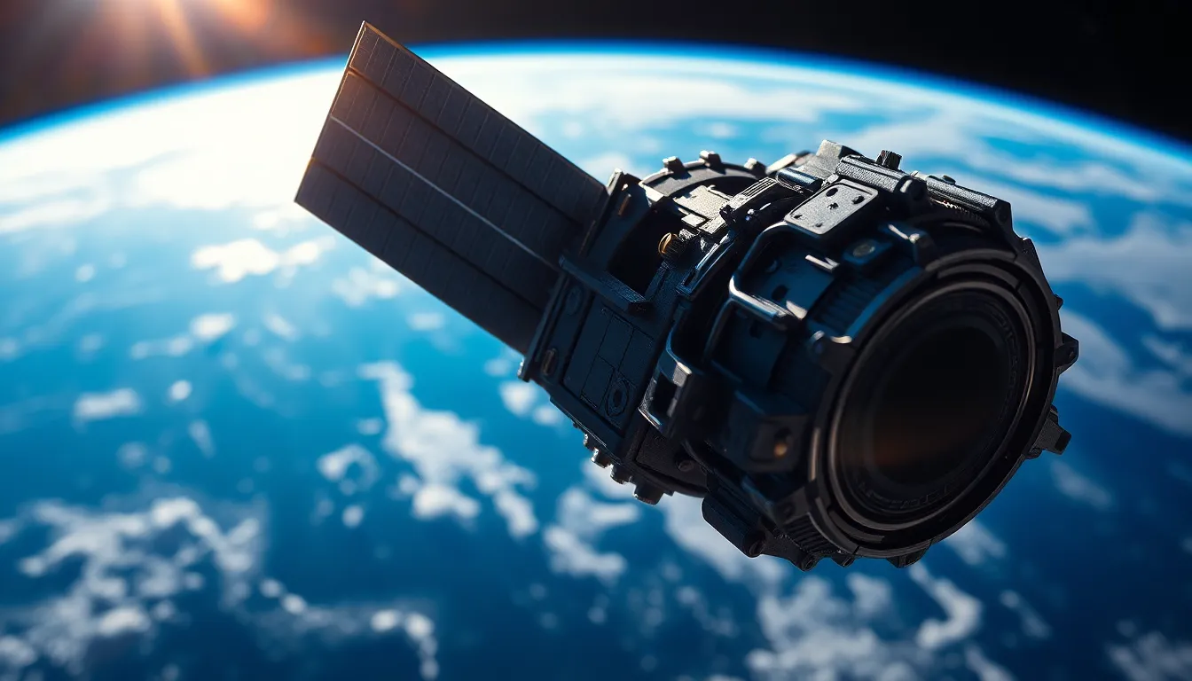 This image presents a breathtaking view of a satellite orbiting Earth, captured with extraordinary detail against the planet's curvature. The sunlight highlights the satellite, revealing its mechanical textures and structure, while the blurred Earth in the background provides a beautiful contrast. The crisp blues and bright whites create a high-tech atmosphere, showcasing human engineering's achievements in space. The macro perspective and centered composition emphasize the intricacy of the satellite, inviting viewers to appreciate the intersection of technology and exploration.