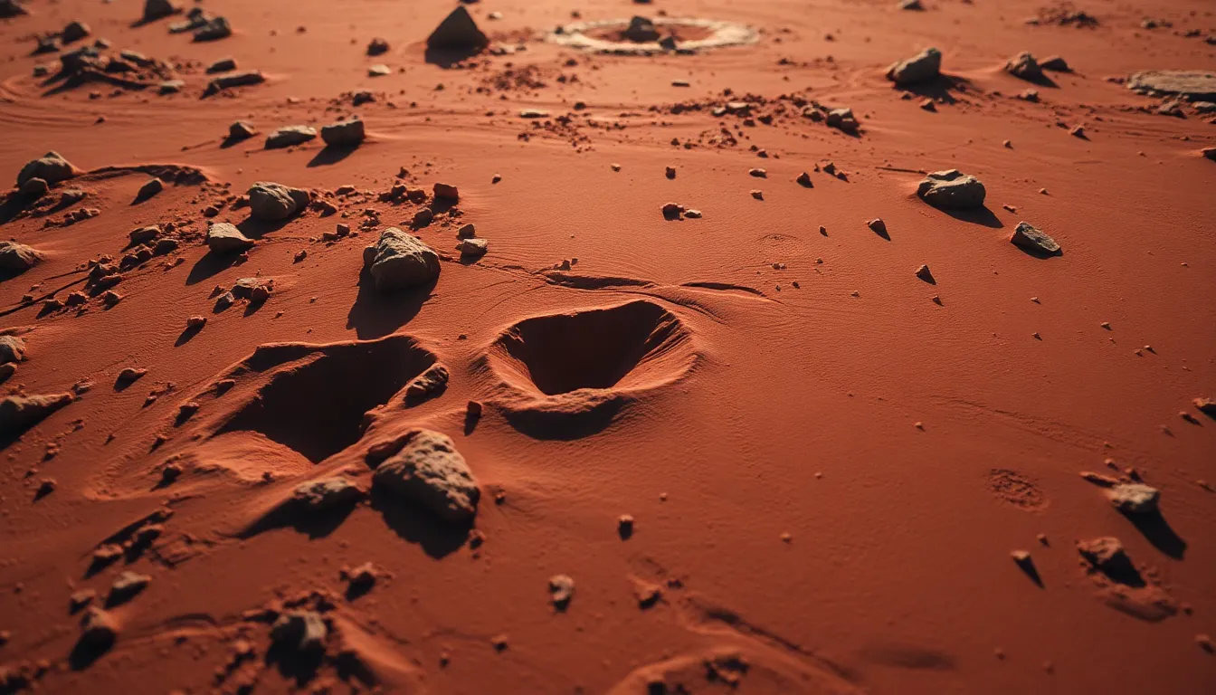 This high-resolution close-up image captures the intricate details of Mars' surface, highlighting its reddish terrain and numerous craters under soft diffused sunlight. The shallow depth of field emphasizes the textured surface, revealing grooves and dust particles that contribute to its authenticity. The muted red and earthy tones dominate the color palette, evoking the essence of the Red Planet. Through a thoughtful composition using the rule of thirds, the image invites viewers to explore the unique features of Mars, showcasing the beauty of extraterrestrial landscapes.