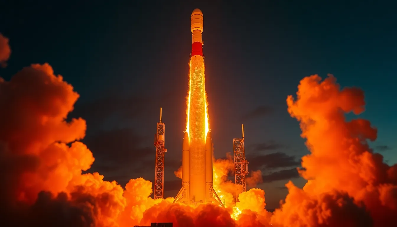 This powerful image captures the moment of a rocket launch, ignited by flames and enveloped in billowing smoke under a dramatic dusk sky. Colorful stage lights illuminate the scene, creating a vibrant contrast with the darkening backdrop, while the hyperfocal depth of field ensures clarity throughout the frame. The scene is full of energy and anticipation, as the rocket takes center stage, showcasing its textured surface reflecting the launch's fiery glow. This moment embodies the awe of space exploration and technological advancement.