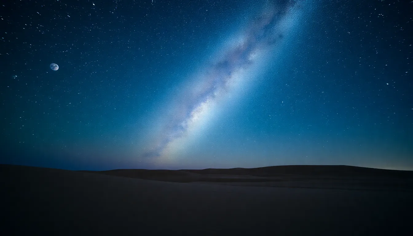 This captivating image captures the splendor of the Milky Way as it illuminates the night sky above a tranquil desert landscape. The vast array of stars casts an ethereal glow, while soft moonlight highlights the sandy foreground. Rich indigo tones and twinkling whites create a serene atmosphere that invites contemplation. The composition skillfully follows the rule of thirds, positioning the Milky Way beautifully within the frame, drawing the viewer into the awe of the cosmos.