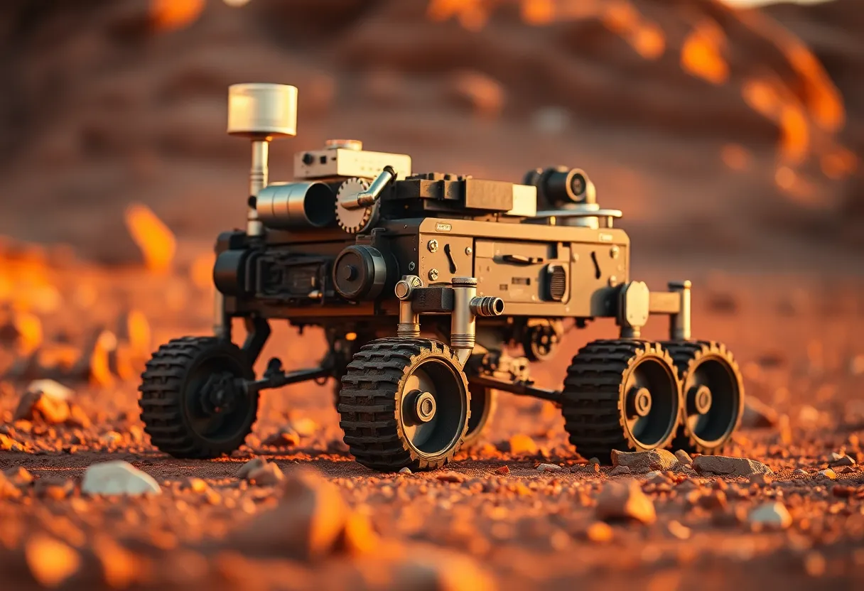 In this close-up shot, a Mars rover traverses the rugged, red terrain of Mars at dusk, bathed in warm golden light. The mechanical intricacies of the rover are highlighted against the softly blurred Martian landscape, creating a striking contrast. The warm earth tones contribute to the overall atmospheric effect, inviting viewers to imagine the exploration of our neighboring planet. The composition uses leading lines from the terrain to draw the eye toward the rover, emphasizing humanity's ambitious journey into space.