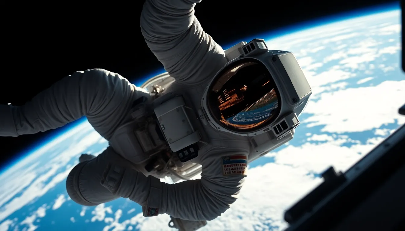 This immersive image captures an astronaut in the midst of a spacewalk, surrounded by the infinite darkness of space. Harsh sunlight creates dramatic lighting, revealing intricate details and textures on the astronaut's suit while contrasting against the vibrant blue and white of Earth in the background. With a shallow depth of field, the scene emphasizes the isolation of the astronaut amid the vastness of space, inviting viewers to ponder the wonders of exploration beyond our planet.