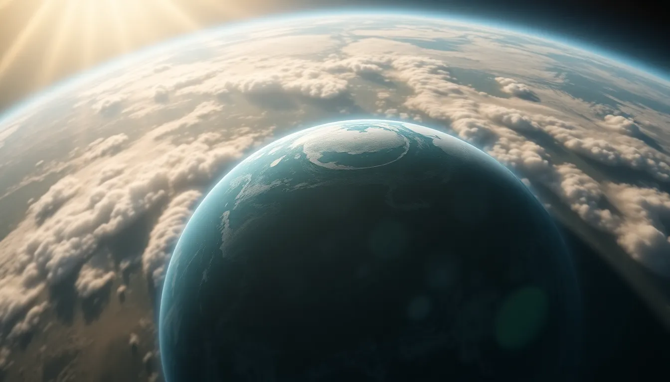 Earth From Space With Clouds This breathtaking image depicts Earth as seen from space, with an astonishing view of swirling clouds and vibrant surface textures. Soft sunlight filters through the atmosphere, enhancing the natural muted tones and creating a serene mood. The composition utilizes the rule of thirds, allowing the viewer to focus on the beautiful blue and green planet against the deep black backdrop of space. It's a stunning representation of our home planet, emphasizing its beauty and fragility.