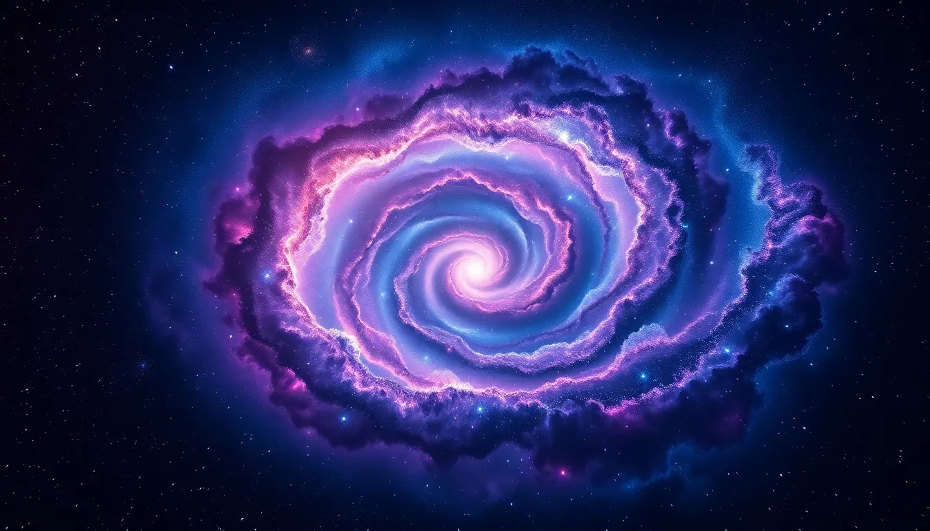 This stunning image captures the breathtaking beauty of a distant spiral galaxy surrounded by vibrant interstellar clouds. The swirling colors of purples and blues come alive under the gentle illumination of dappled starlight, creating a mesmerizing cosmic scene. The shallow depth of field emphasizes the galaxy while softly blurring surrounding stars, enhancing the sense of depth and infinity. The composition draws the viewer's eye toward the galaxy's intricate details, inviting contemplation of the universe and its wonders.