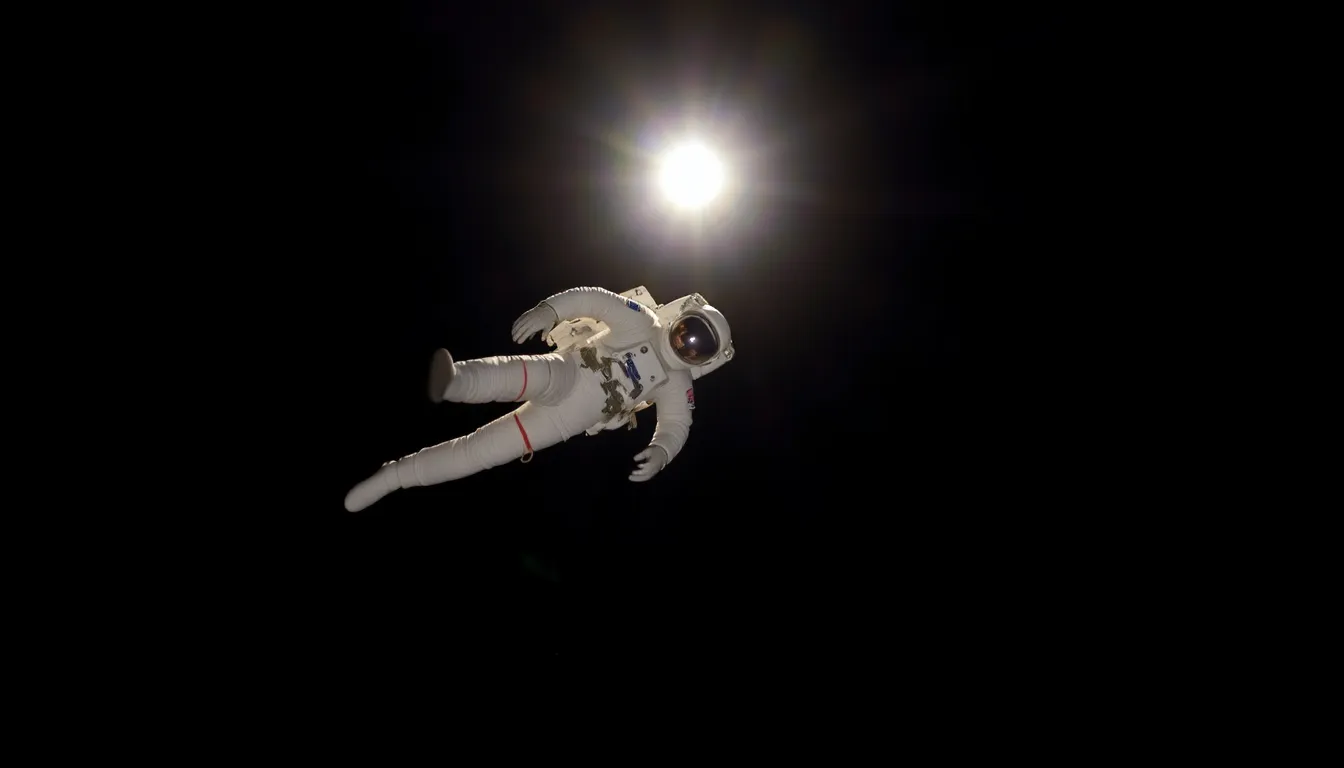 Astronaut Floating in Space This striking image captures an astronaut floating in the vastness of space, tethered to a spacecraft, with the sun's direct light creating dramatic contrasts. The texture of the astronaut's suit is highlighted by bright reflections and deep shadows. The shallow depth of field draws attention to the astronaut while the blackness of space creates a captivating backdrop. With a composition that emphasizes the astronaut's isolation, the image presents a poignant moment in the cosmic environment.