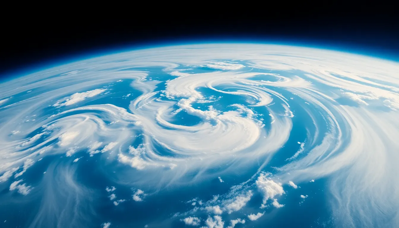 This awe-inspiring image presents a stunning view of Earth captured from above, with beautiful swirling clouds and deep blue oceans creating a harmonious scene. The vibrant colors evoke a sense of life and vitality, showcasing the planet's natural beauty. The balanced composition brings harmony to the image, while the clear focus on the horizon enhances the wonder of viewing Earth from space. An essential portrayal of our planet, inspiring admiration for its majesty and fragility.