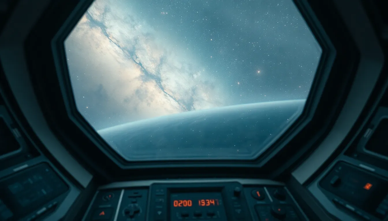 This stunning image showcases an ethereal nebula seen through the window of a spaceship. The overcast daylight provides a soft, even lighting that enhances the natural beauty of the cosmos. The hyperfocal depth of field ensures that both the spaceship interior and the nebula are in sharp focus, inviting viewers into a journey of exploration. Muted tones and desaturated colors create a serene atmosphere, making this image a captivating glimpse into the mysteries of outer space.