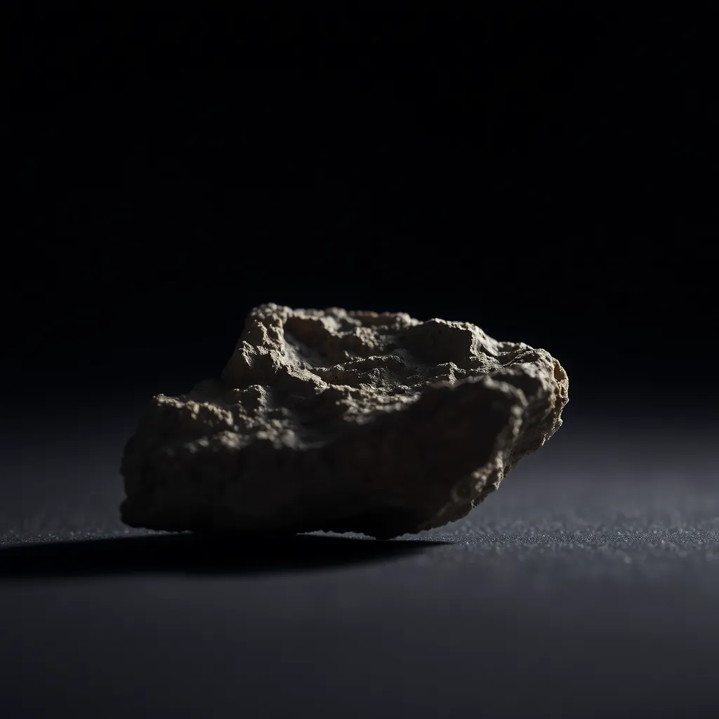 This intriguing image presents a close-up view of a meteorite fragment, artfully illuminated to showcase its unique texture and crystalline structures. The soft spotlight creates a striking contrast against the dark background, enhancing the meteorite's natural earthy tones. Fine details are captured with precision, making this image ideal for educational purposes or scientific exploration themes. The focused composition invites viewers to appreciate the cosmic origins of this extraordinary natural artifact.