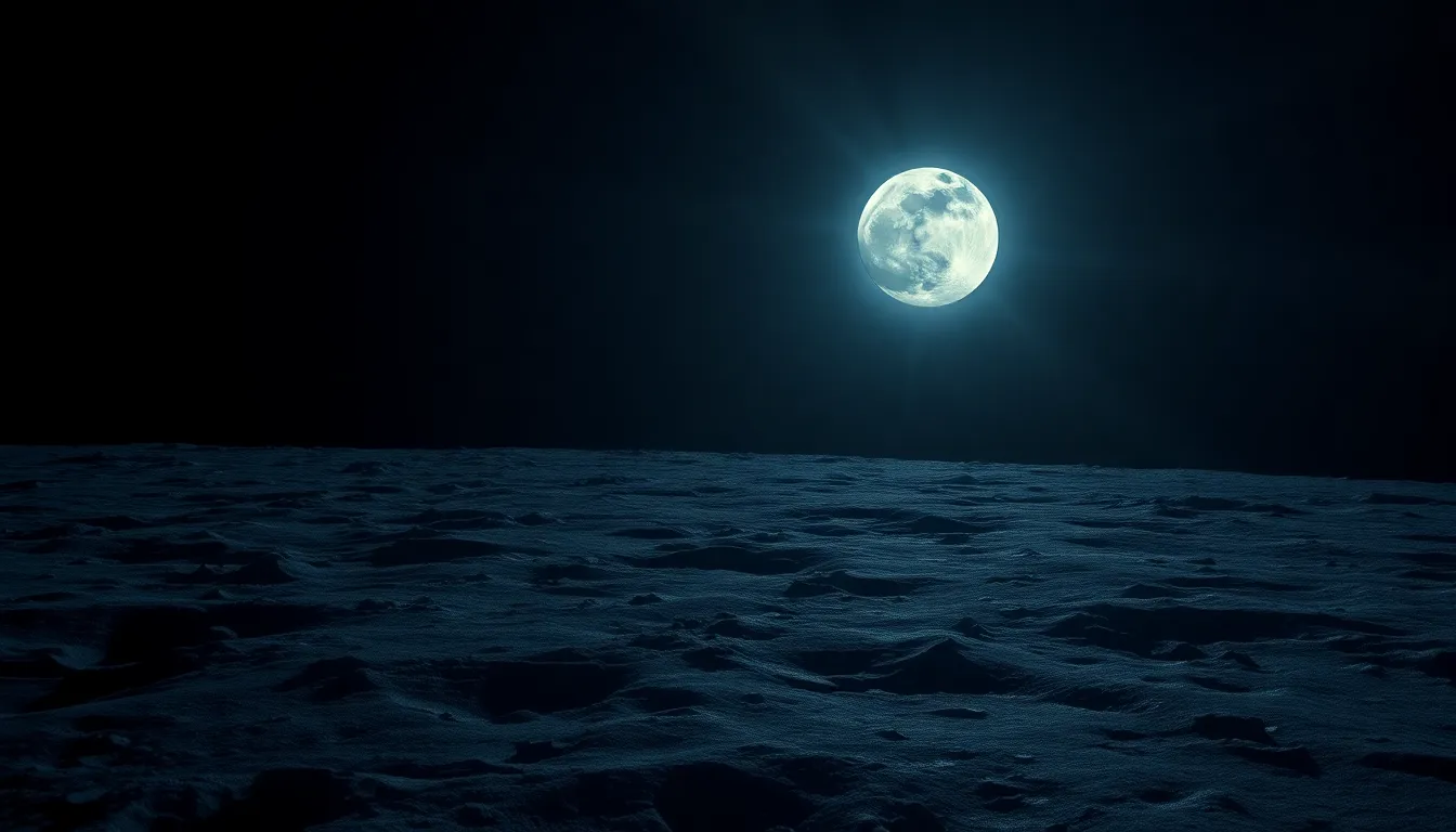 Earth from the Moon During Lunar Eclipse This breathtaking image captures a view of Earth from the Moon's surface during a dramatic lunar eclipse. The soft glow of Earth contrasts beautifully against the dark expanse of space, creating a surreal atmosphere. With exquisite detail from the lunar regolith to the distant planet, the image presents a hyper-realistic portrayal of this cosmic event. Leading lines formed by the Moon's surface guide the viewer’s gaze, emphasizing the grandeur of our planet against the infinite universe.