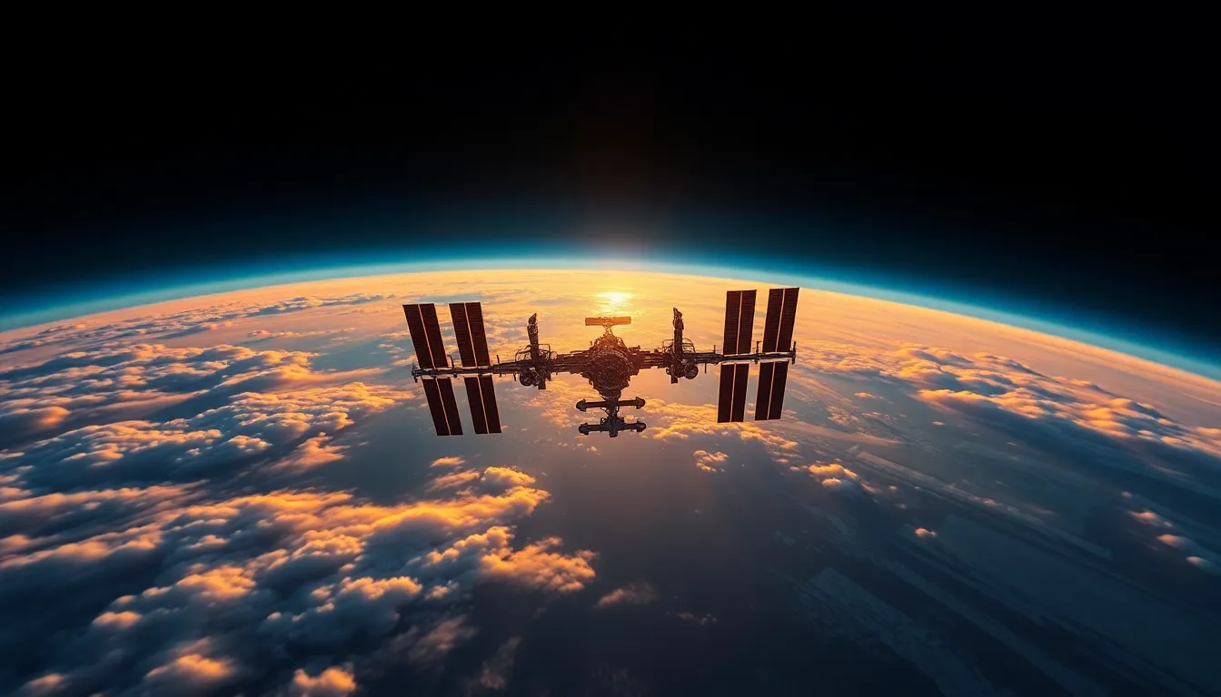 Experience the majestic sight of the International Space Station hovering above a vibrant Earth, captured during sunrise. The image showcases warm tones of orange and yellow reflecting off the station and clouds, creating a striking visual against the blue of the planet. With exquisite detail, this photograph highlights the beauty of human innovation in the realm of space. Perfect for illustrating advancements in space exploration and the connection between technology and nature.