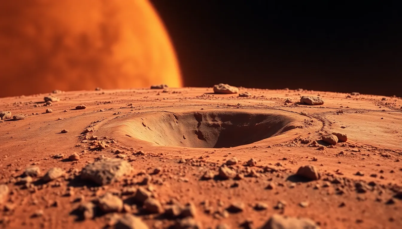 Experience the mesmerizing texture of Mars captured in meticulous detail. The image highlights craters and rocky terrain, illuminated by soft sunlight that enhances the planet's muted reds and oranges. This close-up invites exploration of Martian geography, emphasizing the intricate surfaces that define the planet. Ideal for educational content on space exploration and planetary science.