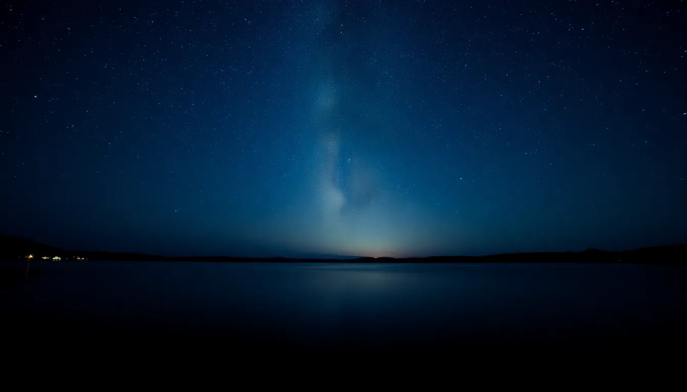 Starry Night Sky Above a Tranquil Lake This serene image features a starry night sky reflected on the surface of a tranquil lake. The natural light from the stars creates a shimmering pathway across the water, enhancing the beauty of the scene. With hyperfocal depth of field, both the stars and the lake remain impeccably sharp, inviting viewers to immerse themselves in the calmness of the night. The deep blues and blacks of the color palette punctuated by bright white stars evoke a sense of peace and wonder.