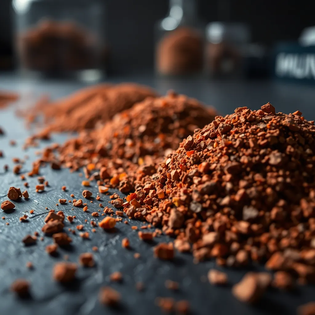 This intricate close-up image showcases Martian soil samples arranged meticulously in a laboratory setting. The textured black slate surface adds depth and elegance while emphasizing the rich red and orange hues of the soil. High-contrast studio lighting highlights the details of each grain, creating a captivating visual narrative. With a shallow depth of field, the foreground remains in sharp focus, inviting viewers to explore the fascinating textures of Martian soil.