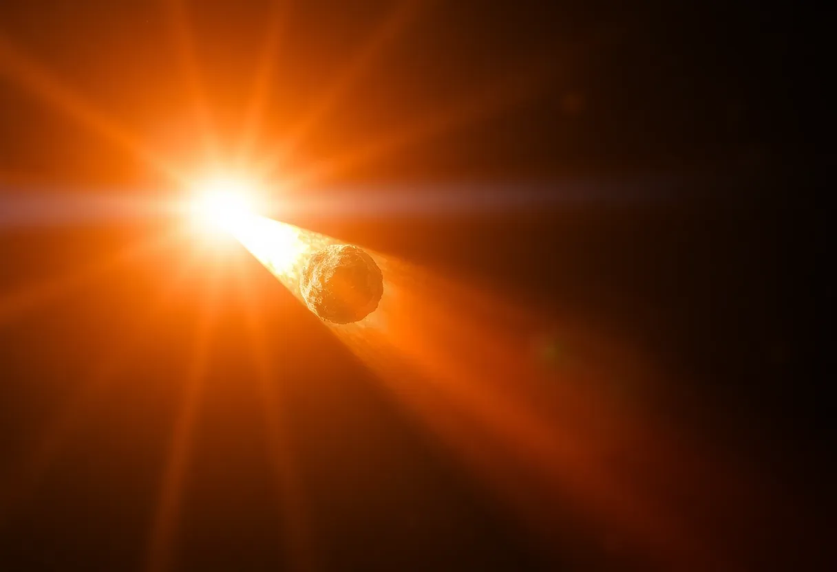 Fiery Comet Approaching the Sun This captivating macro photograph captures a comet as it approaches the Sun, illuminated in stunning fiery hues. The radiant tail of the comet glows with oranges and yellows, enhanced by the sunlight halo effect that creates a sense of movement. The subtle, blurred background of distant stars adds depth, while the focused nucleus of the comet draws the viewer’s attention. This image evokes a sense of wonder and intensity, celebrating the beauty and unpredictability of celestial events.