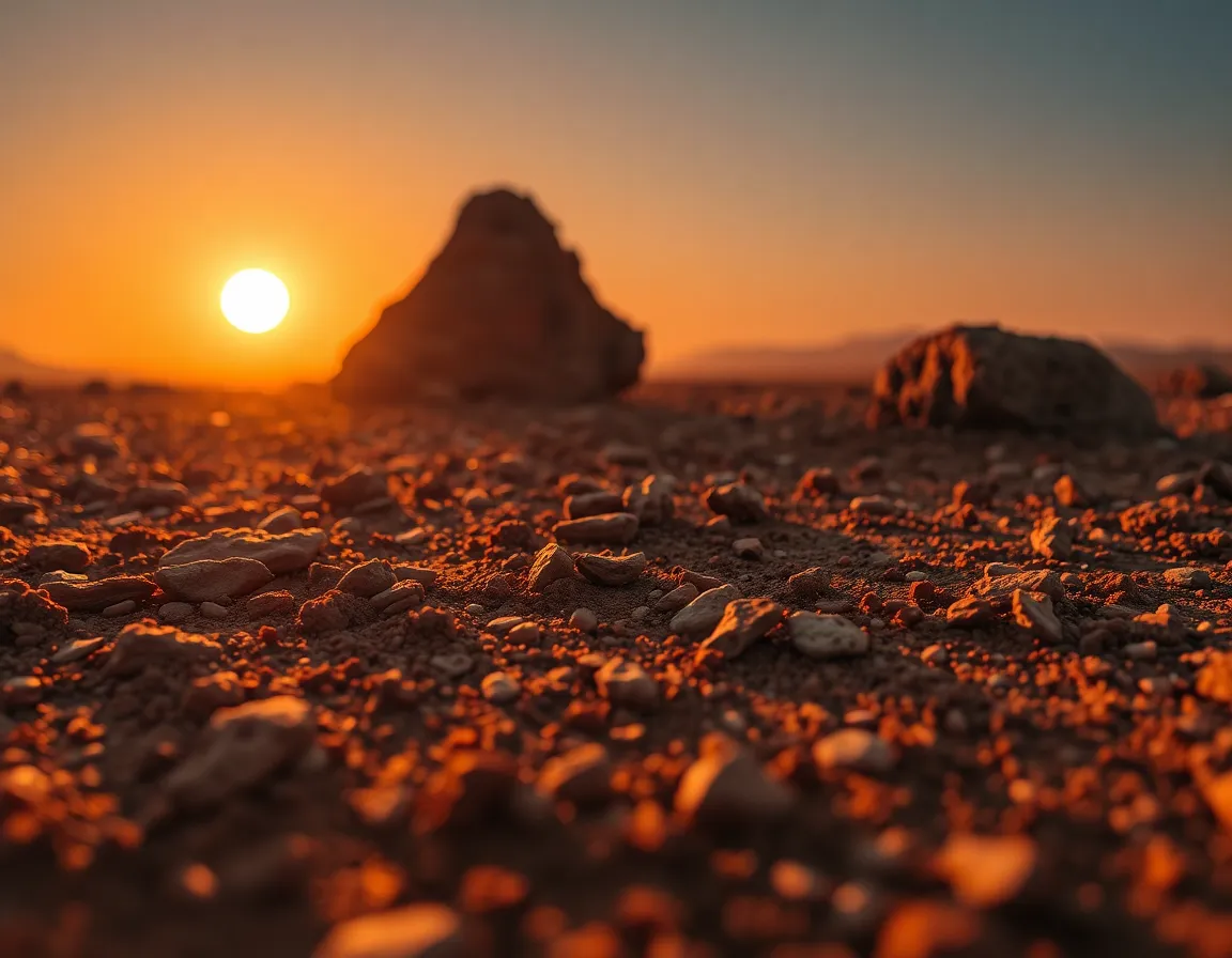 This mesmerizing macro image captures the rugged details of Martian soil and rocks illuminated by a warm sunset. The golden light enhances the rich red and brown hues of the terrain, creating an ethereal and otherworldly atmosphere. Focused on the intricate textures of the ground, the photograph offers a glimpse into the desolate beauty of the Martian landscape. The composition is masterfully arranged to draw attention to a prominent rock formation, inviting the viewer to explore the mysterious terrain of our neighboring planet.