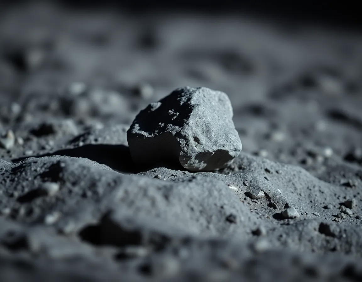 This exquisite macro shot captures a meteorite nestled on the stark lunar landscape, revealing its rugged texture and intricate details. The subtle play of moonlight highlights the meteorite, while the blurred background emphasizes its solitude in the vastness of space. The soft, muted color palette enhances the ethereal quality of the moon, making the image both scientifically fascinating and artistically compelling. An intimate portrayal of a piece of the cosmos that invites exploration and curiosity.
