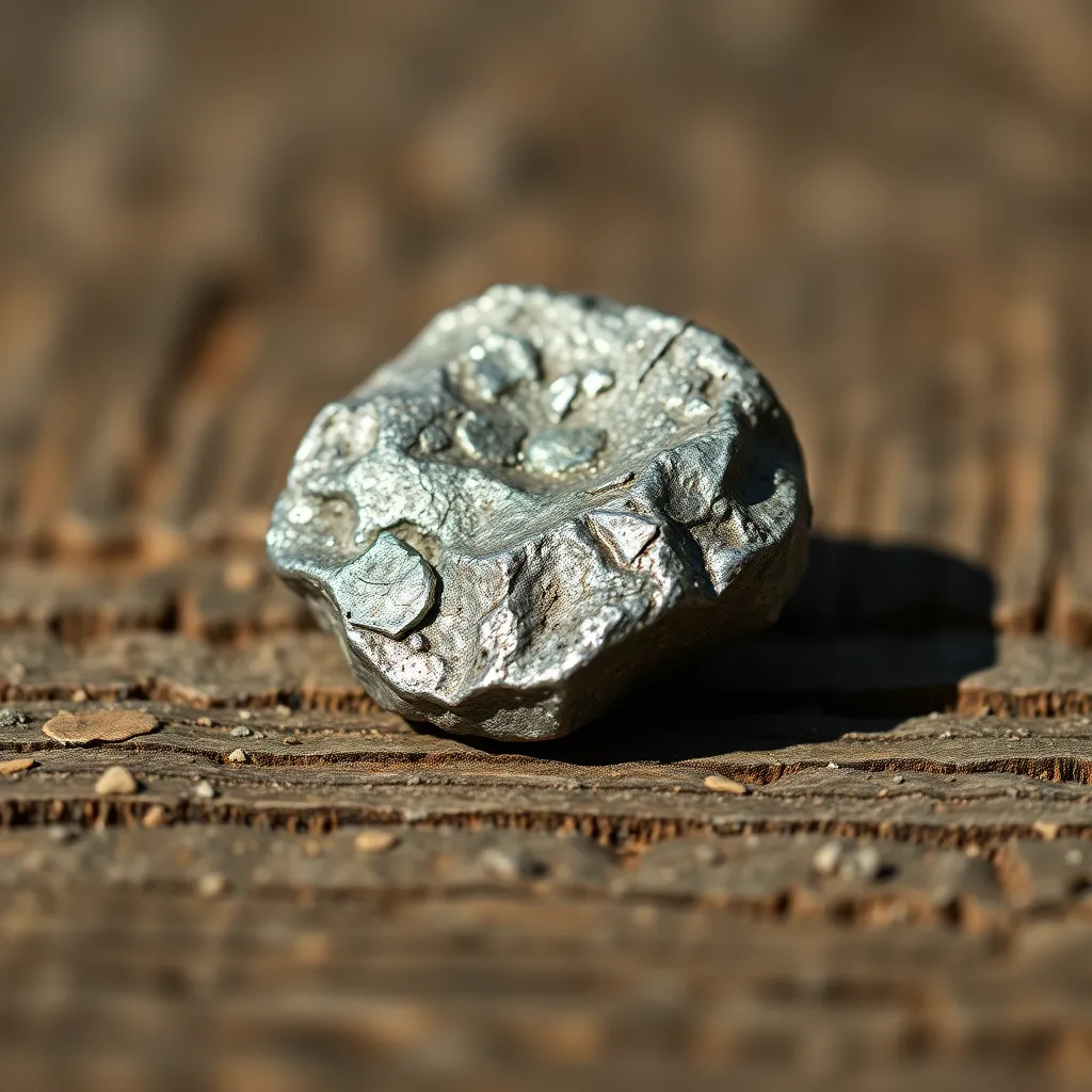 Close-Up of a Meteorite on Wooden Surface This striking macro image presents a detailed close-up of a meteorite resting on a rustic wooden surface. Illuminated by natural daylight, the metallic sheen of the meteorite contrasts beautifully against the textured wood, creating an intriguing visual experience. The shallow depth of field isolates the meteorite, highlighting its unique mineral details. Soft muted tones enhance the earth-like quality of the scene, making this an exceptional depiction of an extraterrestrial object.